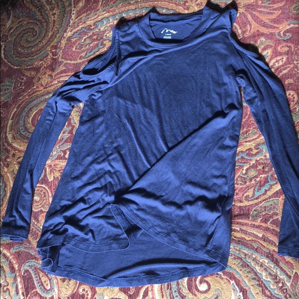 Blue open shoulder long sleeve top